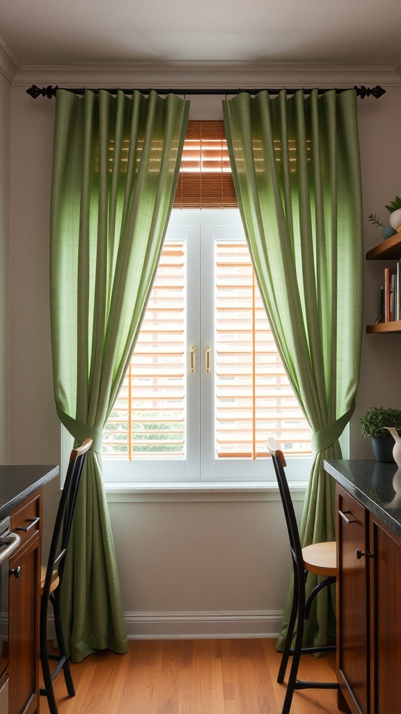 Sage green curtains and wooden blinds in a kitchen setting