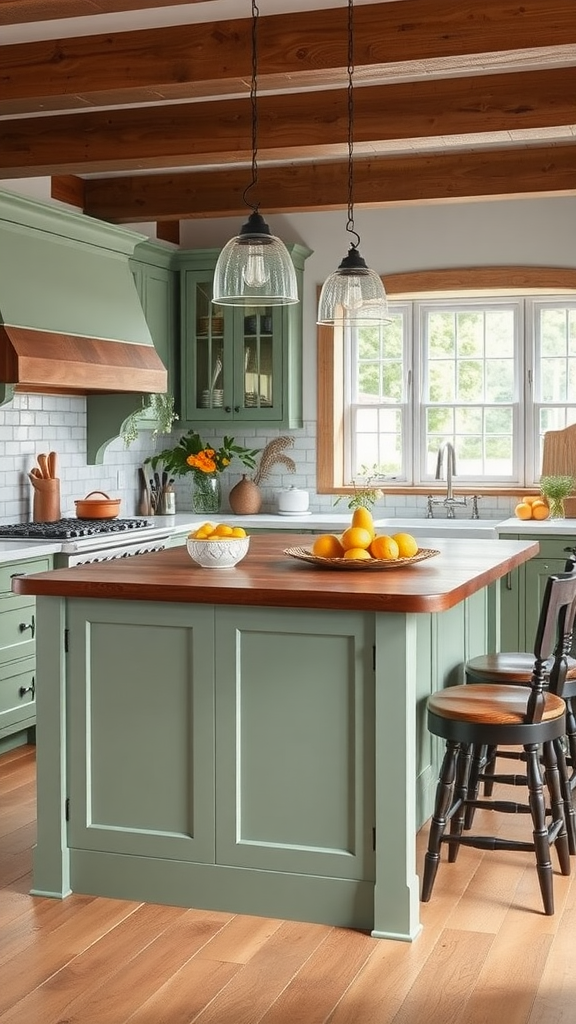 Sage green kitchen island with wood trim and seating