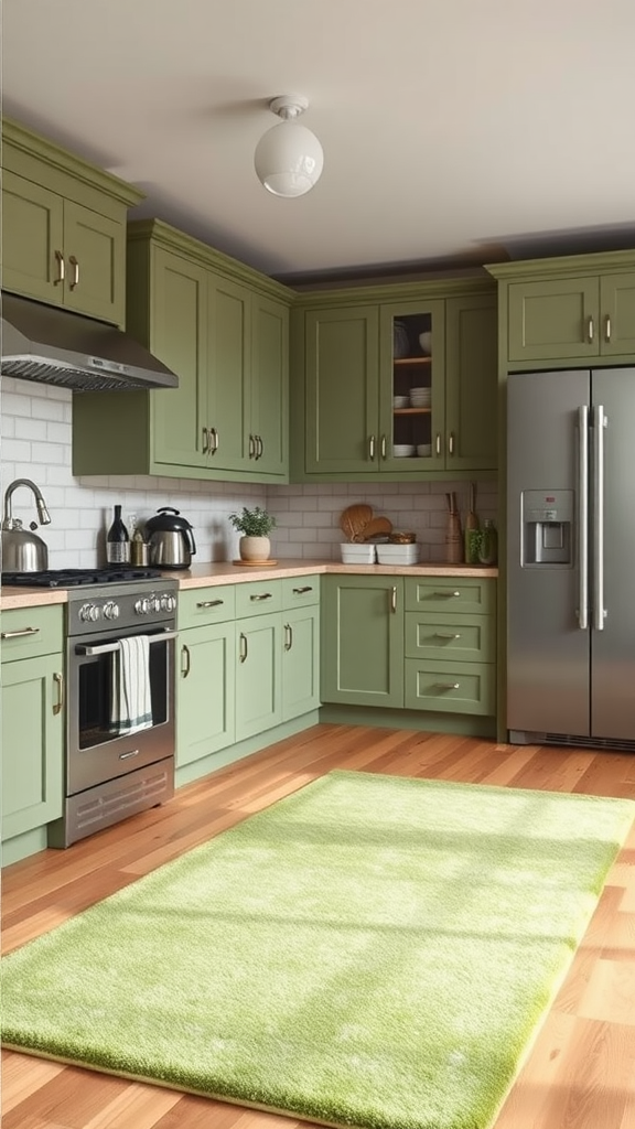 A kitchen featuring sage green rugs on wooden floors, creating a cozy and inviting atmosphere.