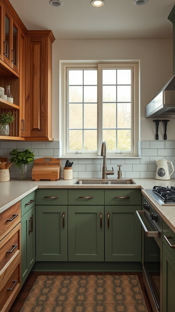 A kitchen featuring sage green cabinets and wooden accents, showcasing a cozy and organized space.