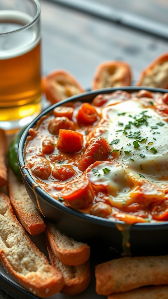 A delicious sausage pizza dip served with crispy bread for dipping.