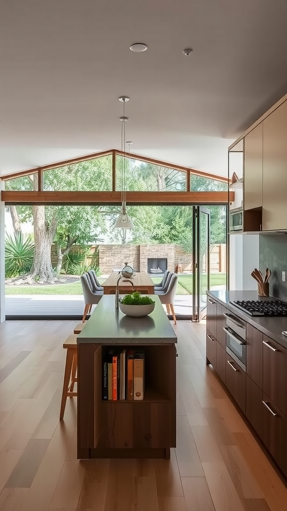 Modern kitchen with large glass doors, natural wood accents, and a cozy dining area.