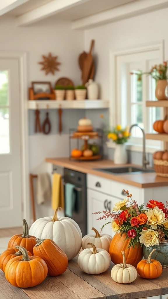 A cozy cottage style kitchen with various pumpkins and a colorful floral arrangement on the counter.