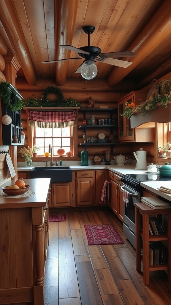 Cozy log cabin kitchen with seasonal decor and warm wooden features