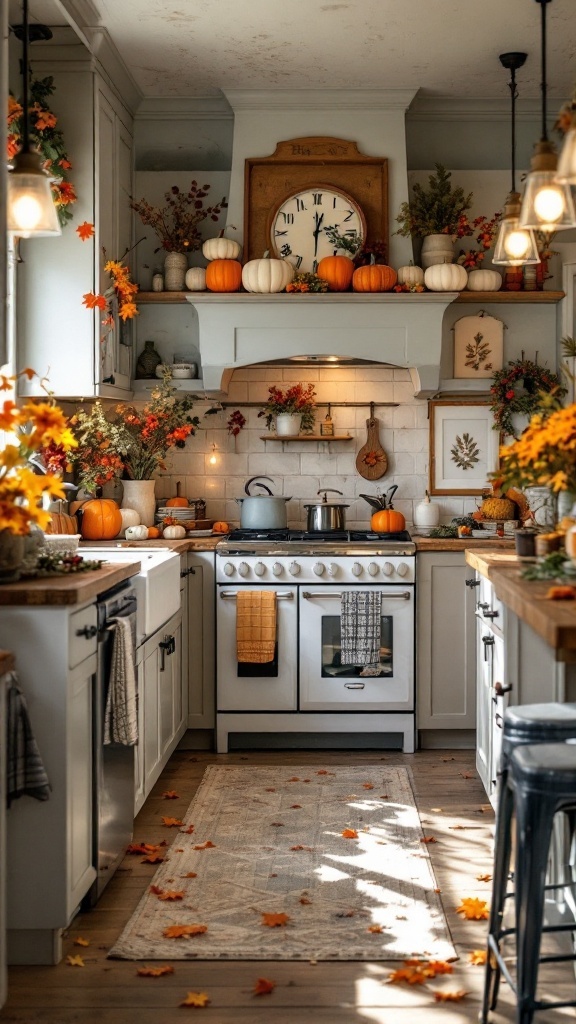 A cozy fall kitchen decorated with pumpkins and autumn foliage.