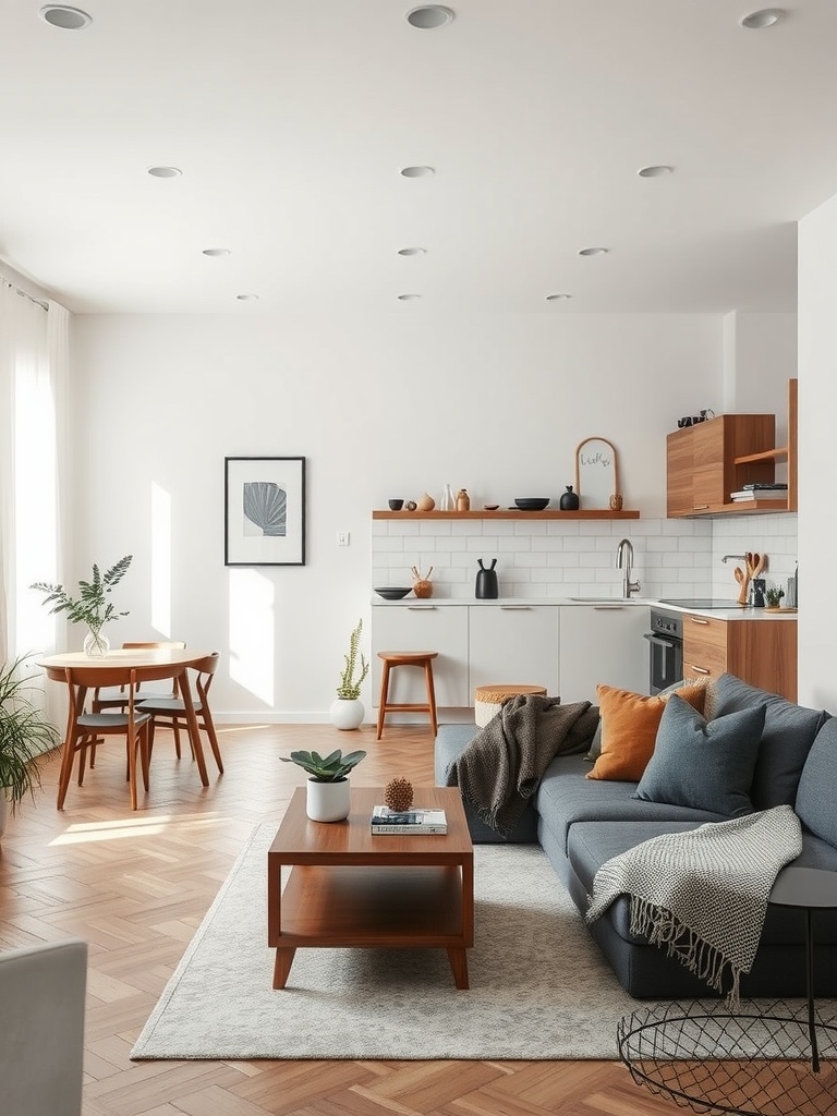 A small open concept kitchen and living room with a cozy arrangement of furniture, including a sectional sofa, dining table, and wooden shelves.