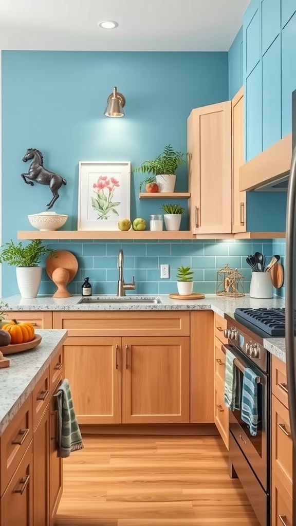 A kitchen featuring a sky blue tiled backsplash, wooden cabinets, and cheerful decor