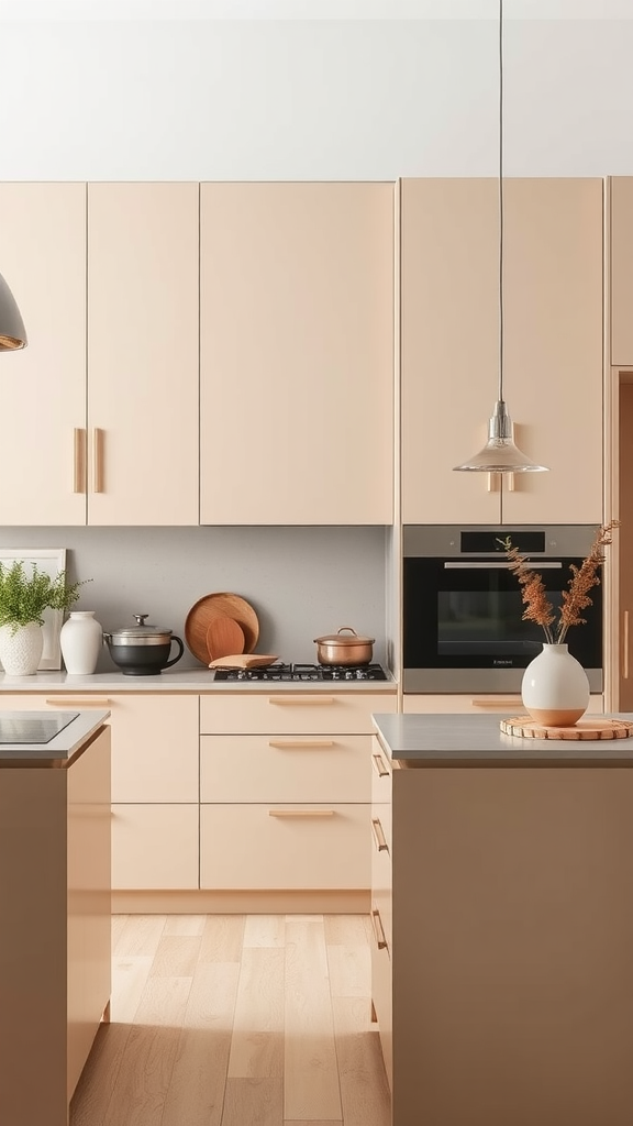 Modern kitchen with sleek beige cabinets and matte finishes, featuring a clean design and natural elements.