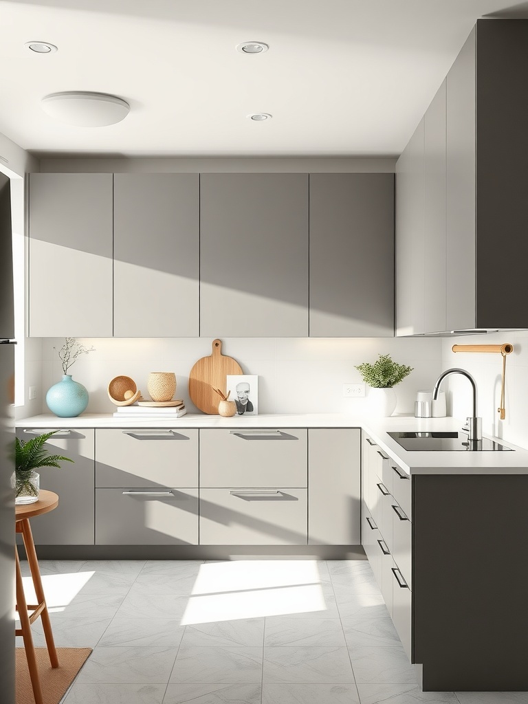 Modern kitchen with sleek grey cabinets and white countertops, featuring natural light and decorative elements.