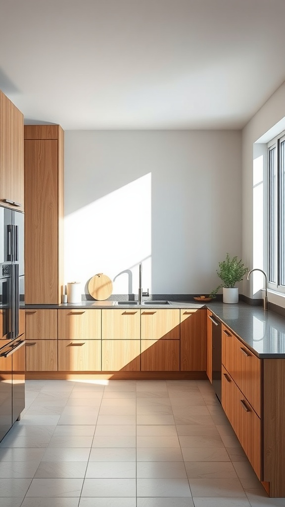 A modern kitchen featuring wooden cabinets, a dark countertop, and natural light from large windows.