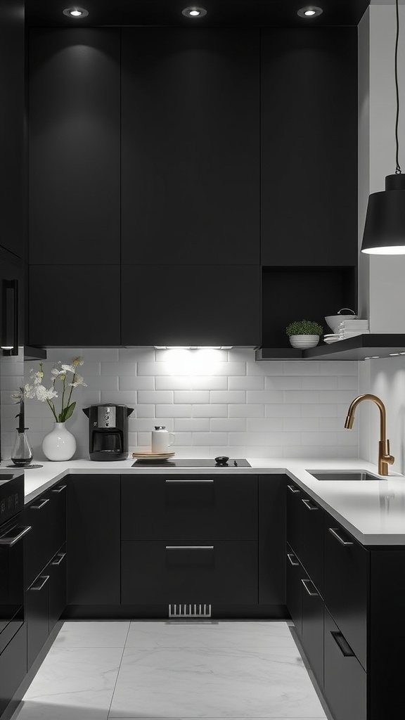 Modern black kitchen with sleek monochrome cabinets and stylish decor