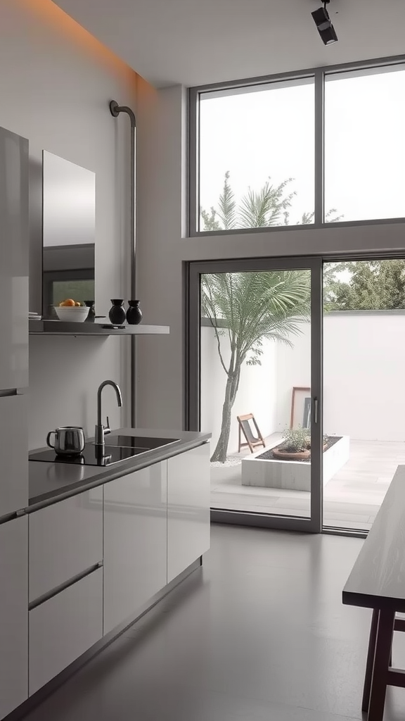 A modern minimalist kitchen with sliding doors leading to a small outdoor patio.