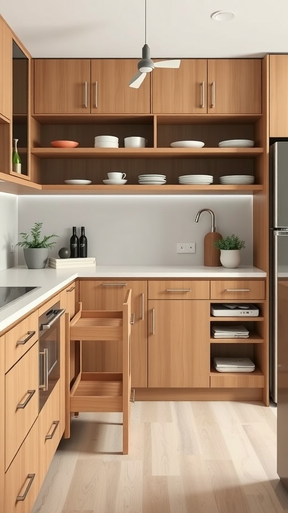 Modern kitchen with natural wood cabinetry, open shelves, and pull-out storage solutions.