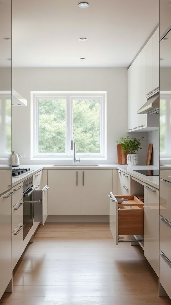 A modern minimalist kitchen featuring sleek cabinetry and a view of a partially open drawer.