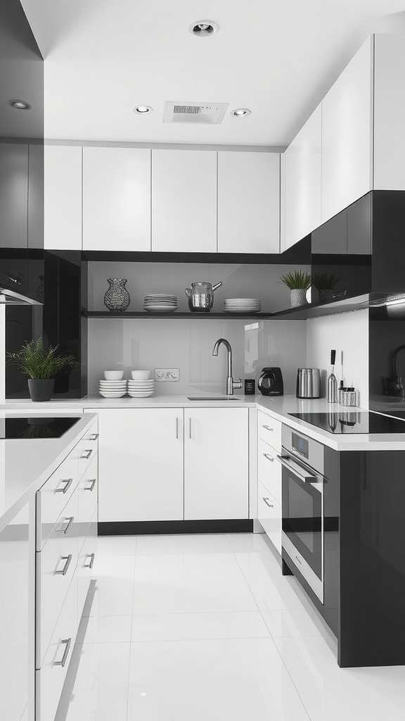 Modern black and white kitchen with smart storage solutions, featuring sleek cabinets and open shelving.