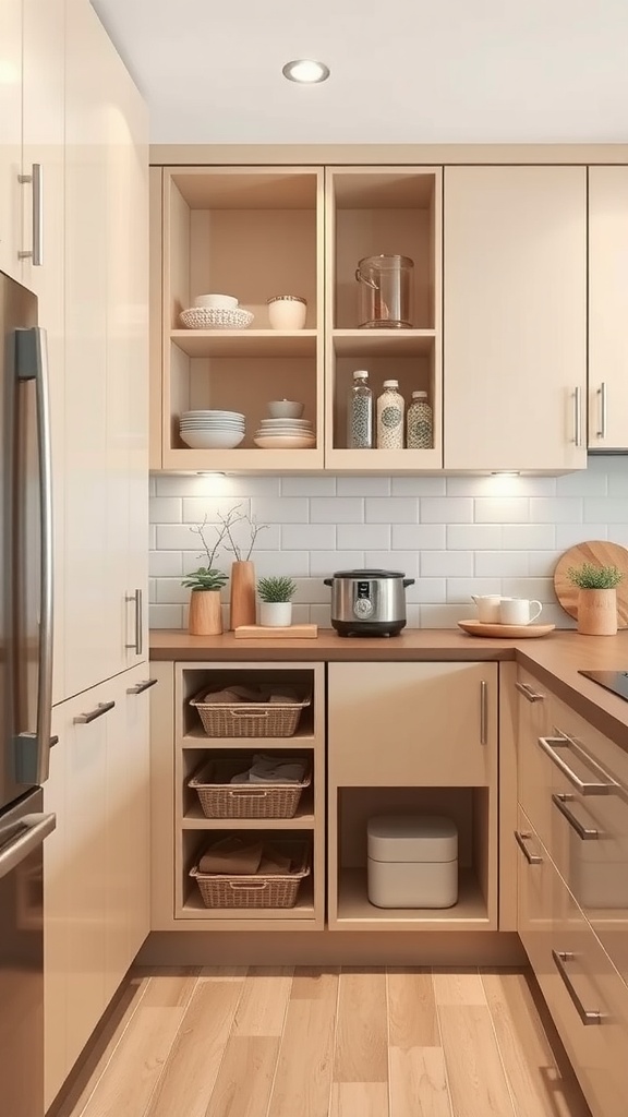 A modern beige kitchen with open shelves, wooden elements, and organized storage solutions.