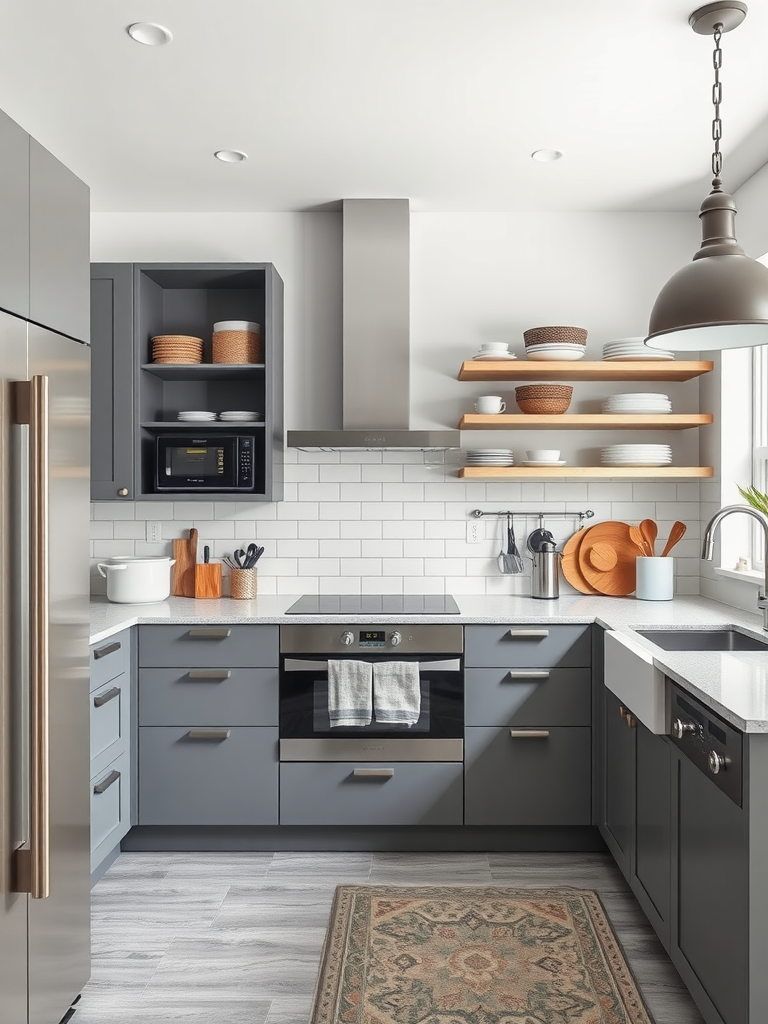 Modern grey and white kitchen with smart storage solutions.