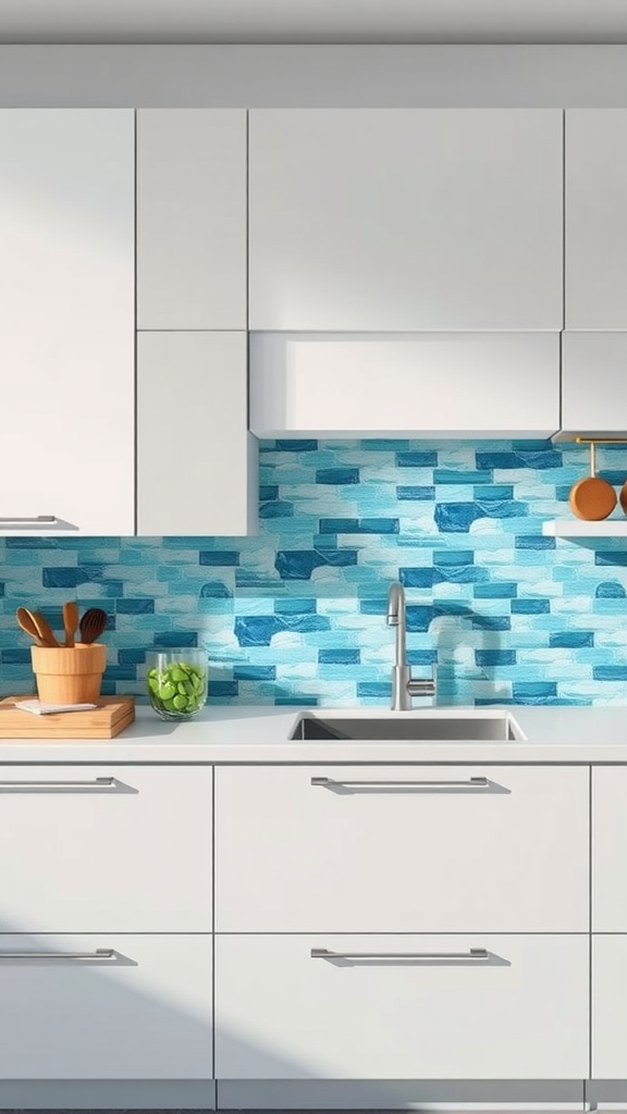 A kitchen featuring soft pastel blue shiplap as the backsplash, complemented by wooden shelves and countertops.