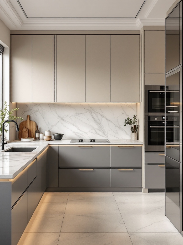 A sleek kitchen featuring a sophisticated neutral palette with gray and beige cabinets, marble countertops, and modern appliances.