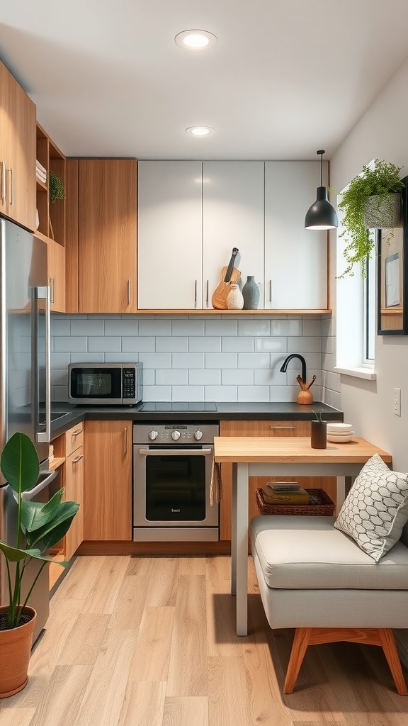 A small, modern kitchen with oak cabinetry, a marble island, and cozy seating