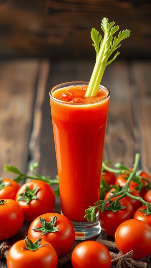 A refreshing glass of spicy tomato juice garnished with a celery stalk, surrounded by fresh tomatoes.