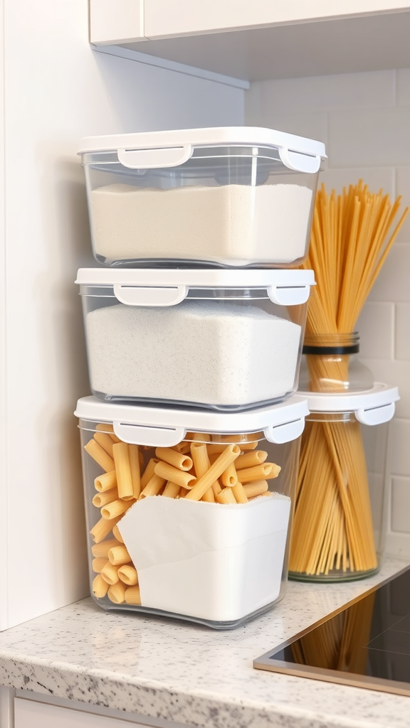 Stackable storage containers in a kitchen, holding pasta, cereal, and flour on a shelf.