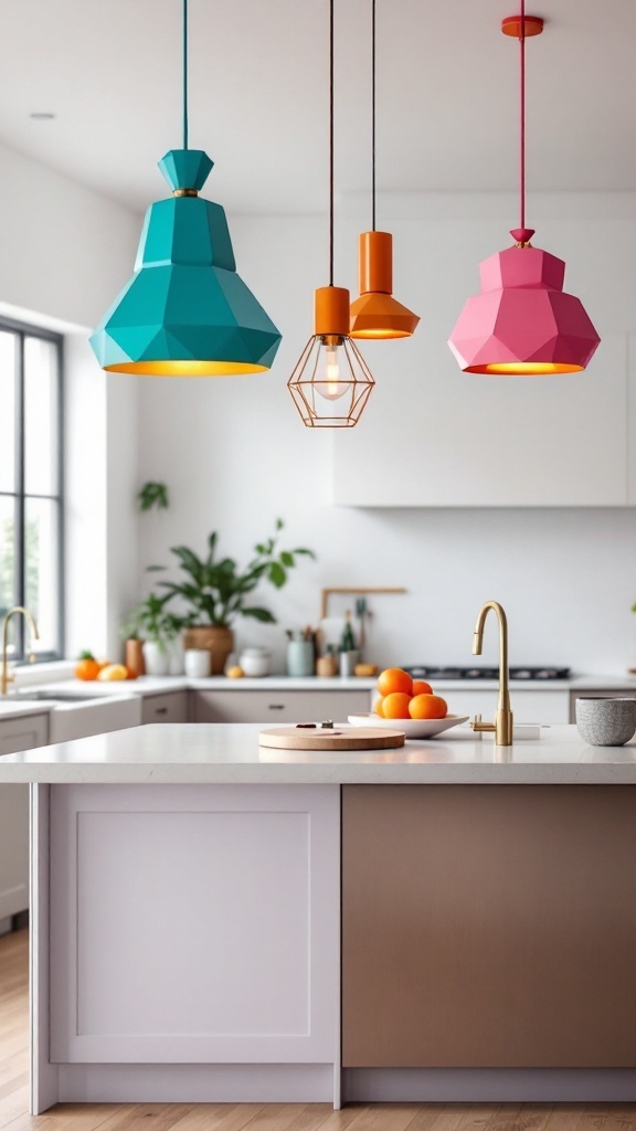 Colorful statement lighting fixtures hanging over a kitchen island