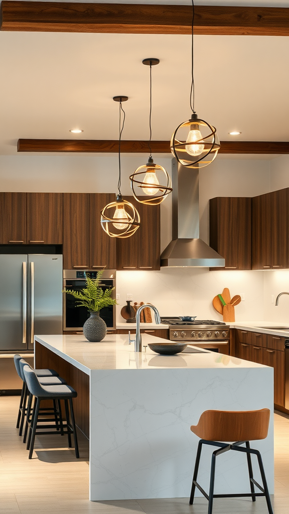 Modern kitchen with statement lighting fixtures