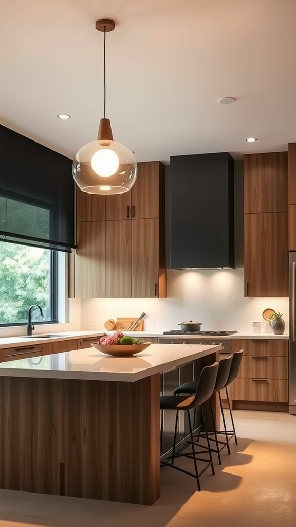 A minimalist kitchen featuring wooden cabinetry and three stylish pendant lights above the island.