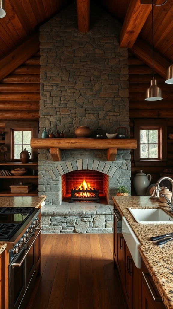 A cozy log cabin kitchen featuring a stone fireplace, wooden cabinetry, and granite countertops.