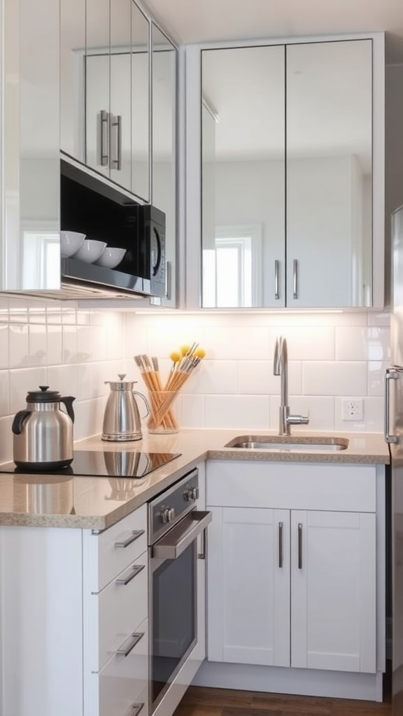 A small modern kitchen featuring mirrored cabinets, sunlight streaming in, and minimalist design elements.