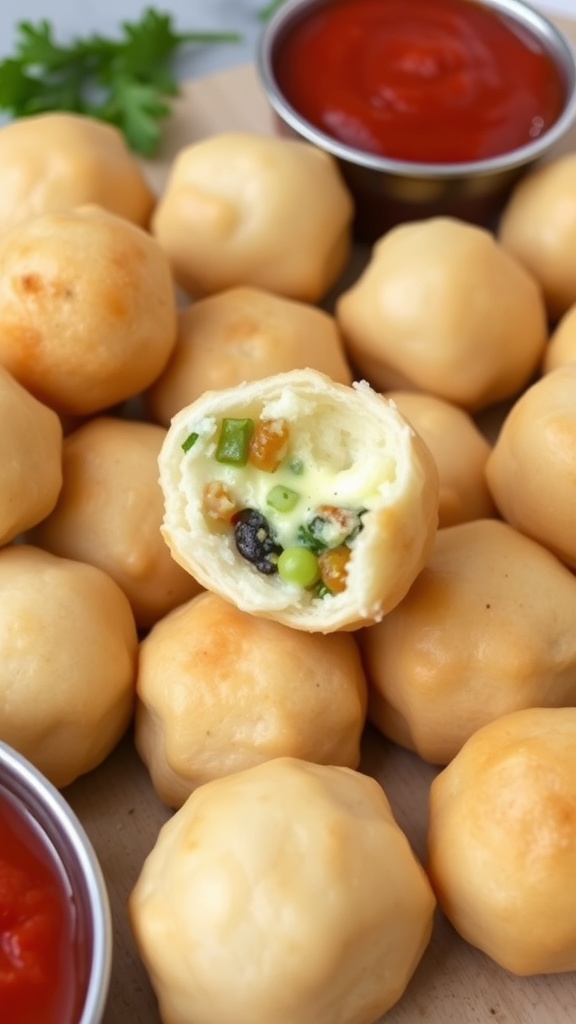 Delicious stuffed dough balls served with dipping sauce.