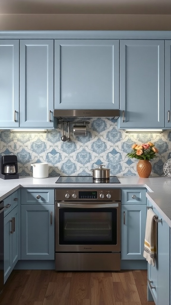 A kitchen featuring light blue cabinets and a patterned blue backsplash.