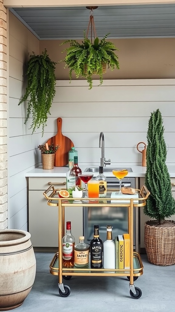 A stylish outdoor bar cart with various drinks and garnishes, surrounded by greenery.