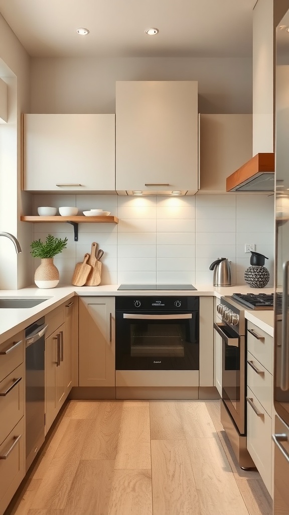 A modern beige kitchen featuring stylish beige appliances, sleek cabinetry, and warm wooden flooring.