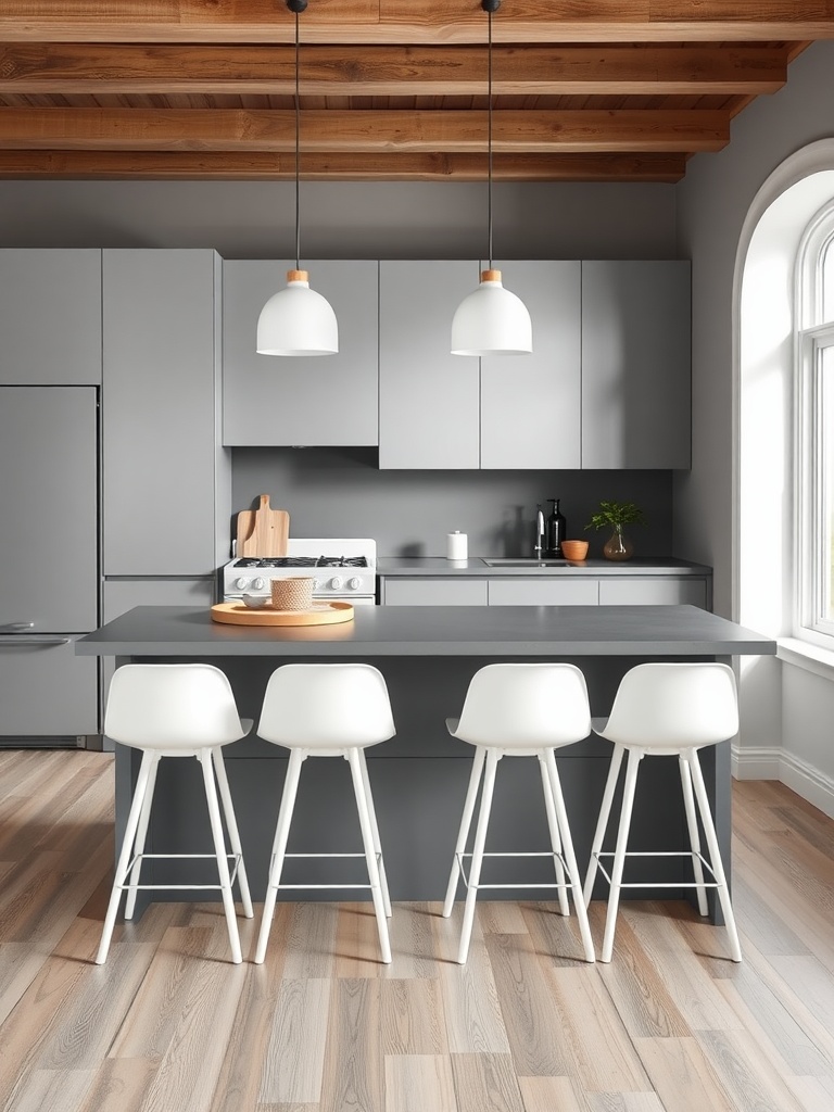 Modern grey kitchen with a stylish island and white bar stools