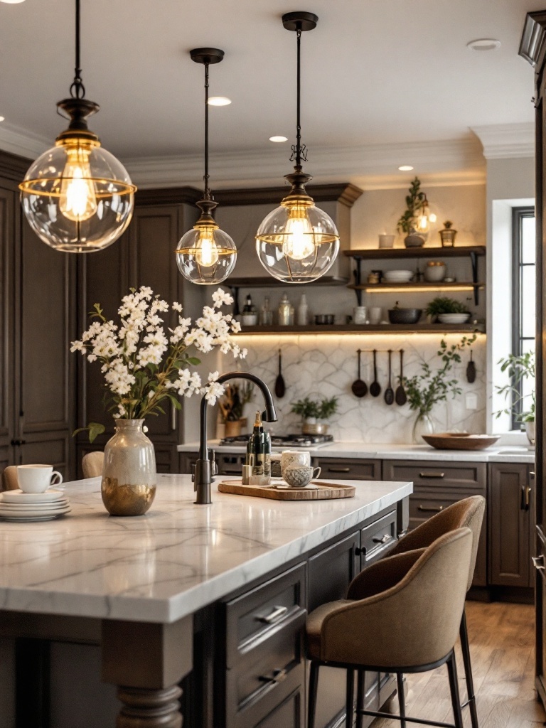 A beautifully lit kitchen featuring glass pendant lights over a marble countertop.