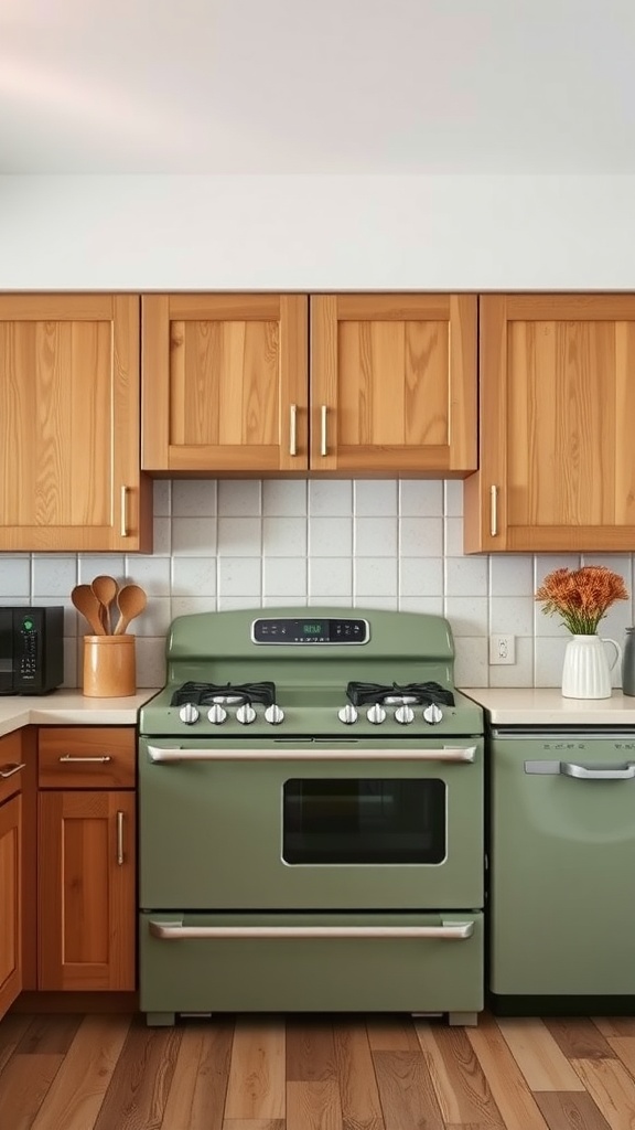 A kitchen featuring sage green appliances with wooden cabinets and a light tile backsplash.