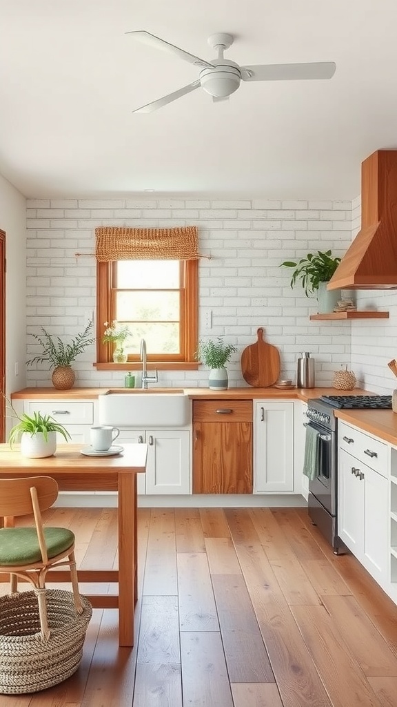 A cozy cottage-style kitchen featuring wooden cabinetry, a white brick wall, indoor plants, and energy-efficient appliances.