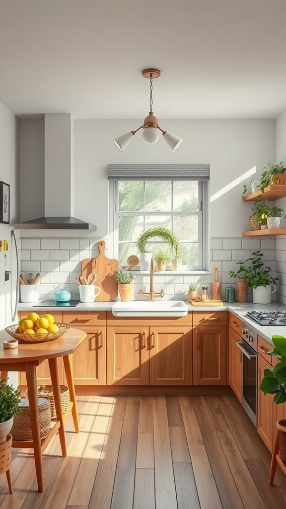 A bright kitchen featuring oak cabinets, a farmhouse sink, and plants on shelves, designed for a modern rustic aesthetic.