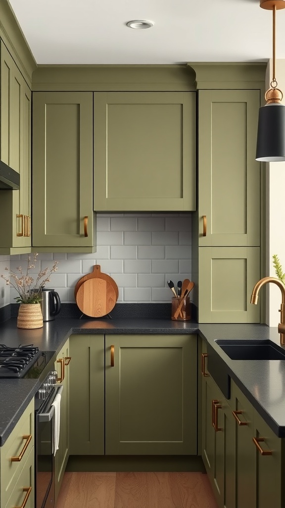 A modern kitchen featuring olive green cabinets and black countertops, complemented by wooden elements.