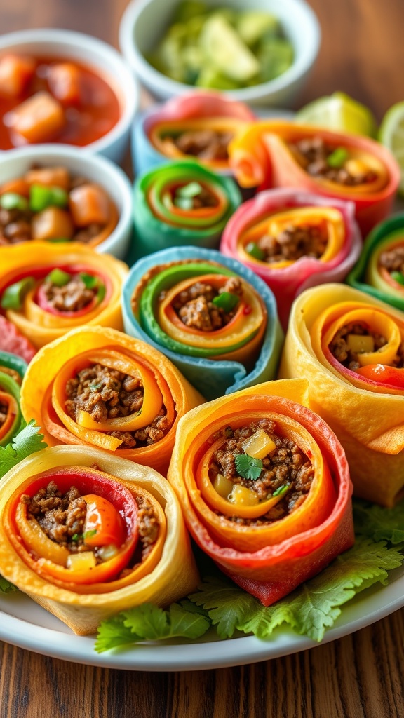 Colorful taco pinwheels arranged on a platter with salsa and guacamole