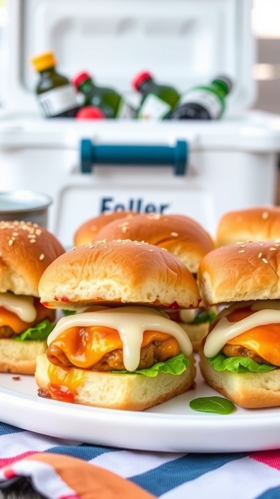 Tailgate Sliders with Hawaiian Rolls, featuring ground meat, cheese, and toppings in soft rolls.