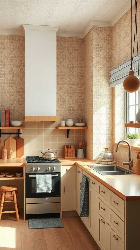 A modern kitchen featuring textured beige walls, wooden accents, and a cozy atmosphere.