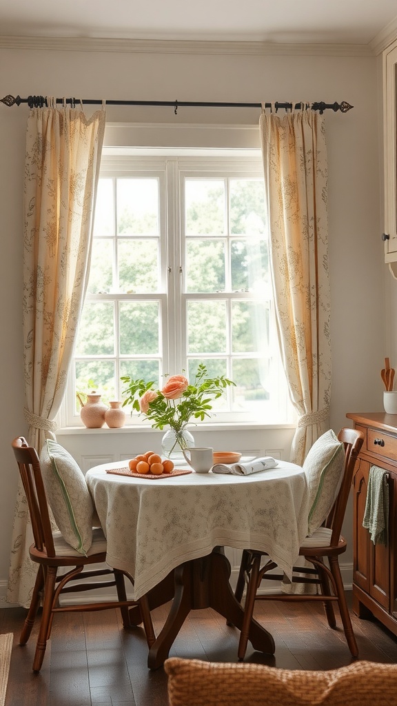 A cozy cottage-style kitchen with textured curtains and a table set for a meal.