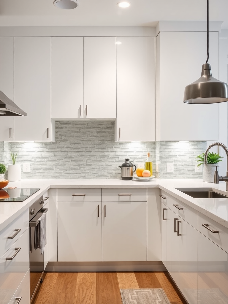 Modern kitchen with textured grey backsplash and white cabinets