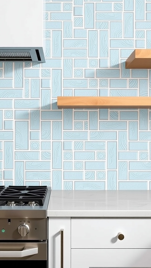 A light blue textured tile backsplash in a modern kitchen with a range and white cabinetry.