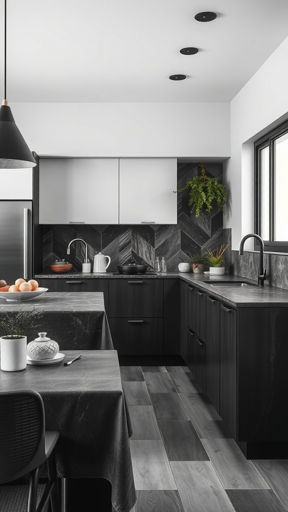 A modern black and white kitchen with textured materials, featuring a herringbone backsplash, sleek cabinetry, and wooden flooring.