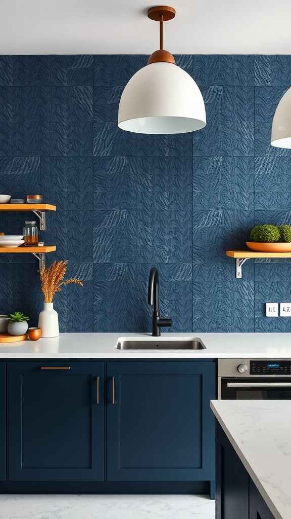 Modern kitchen with textured navy blue backsplash and stylish decor