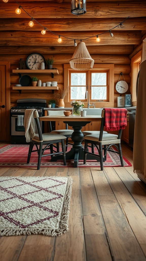 Cozy log cabin kitchen with a textured rug, warm fabrics, and soft lighting.